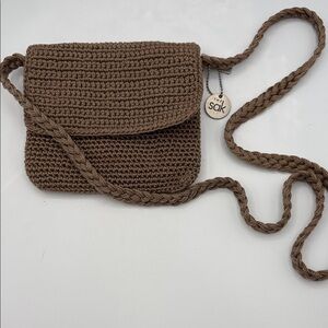 Vintage Sak Tan Knit Shoulder Bag/Taupe Crocheted Crossbody 1990s/Y2K/Boho